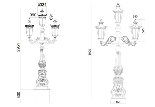 (QDTYD-JZ001)精鑄鋁歐式仿古庭院燈常規(guī)尺寸圖